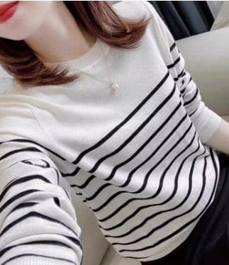 イエベ秋服 マリンボーダー柄クルーネック長袖ニットプルオーバー