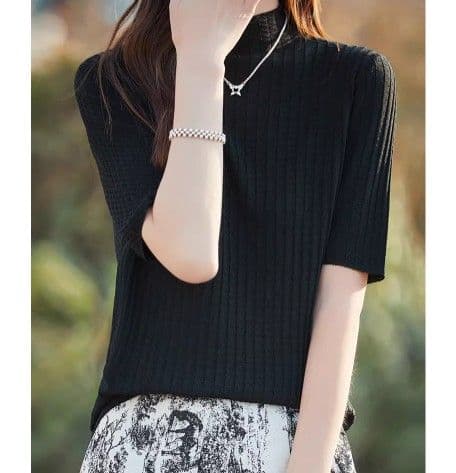 イエベ春/イエベ秋服 縦リブ編みモックネック半袖ニットトップス