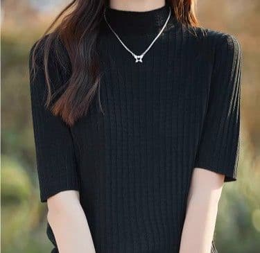 イエベ春/イエベ秋服 縦リブ編みモックネック半袖ニットトップス