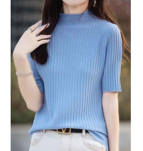 イエベ春/イエベ秋服 縦リブ編みモックネック半袖ニットトップス