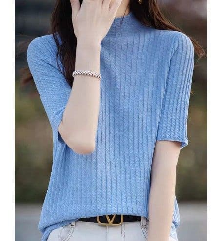 イエベ春/イエベ秋服 縦リブ編みモックネック半袖ニットトップス