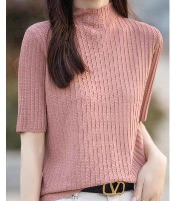 イエベ春/イエベ秋服 縦リブ編みモックネック半袖ニットトップス