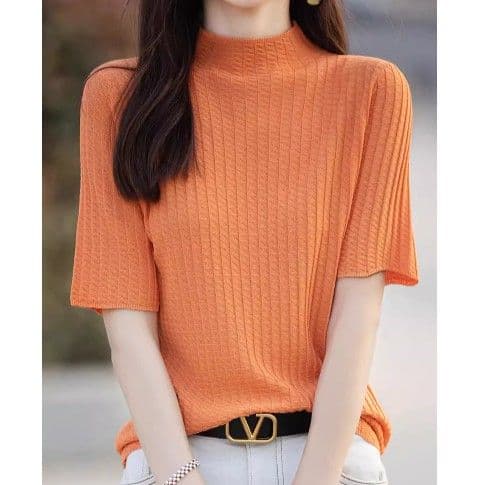 イエベ春/イエベ秋服 縦リブ編みモックネック半袖ニットトップス