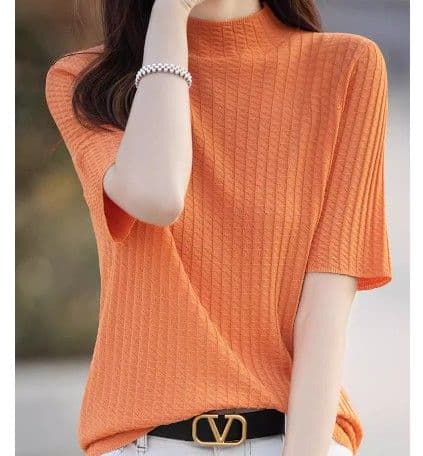 イエベ春/イエベ秋服 縦リブ編みモックネック半袖ニットトップス