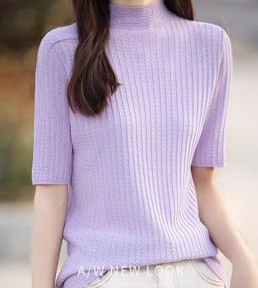 イエベ春/イエベ秋服 縦リブ編みモックネック半袖ニットトップス