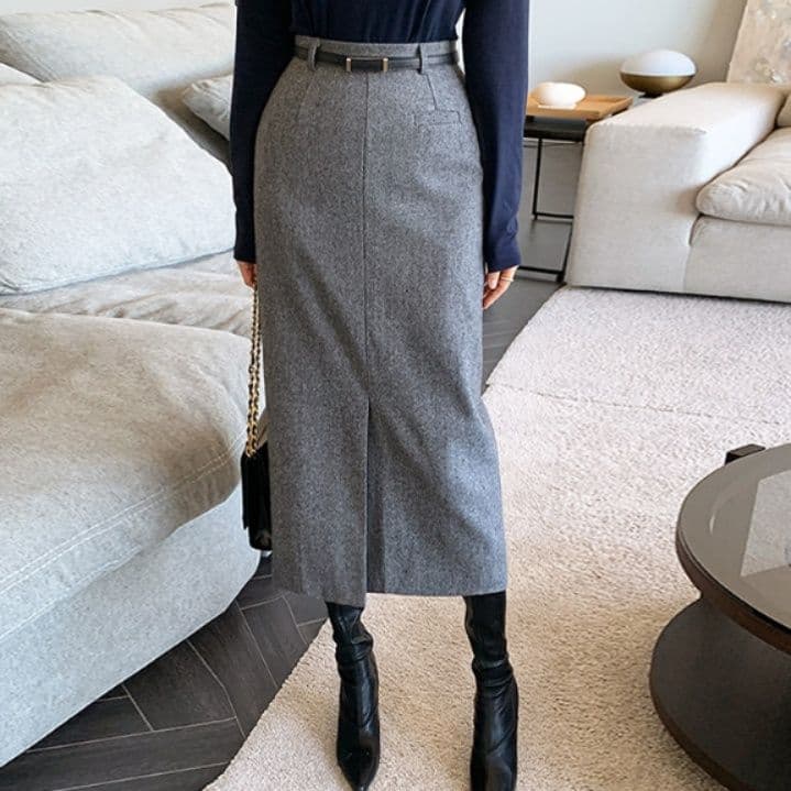 イエベ秋服 ヘリンボーン柄ウール混ハイウエストロングスカート