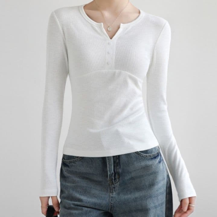 イエベ春服 ヘンリーネックリブ編み長袖Tシャツ