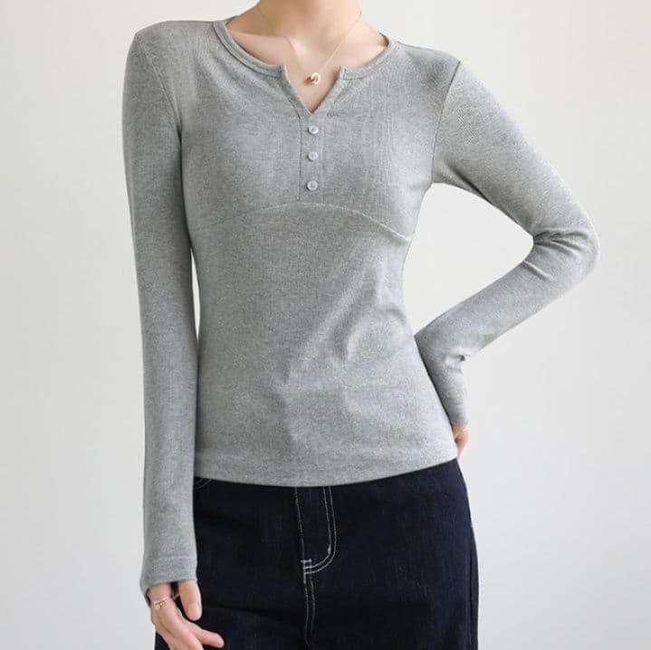 イエベ春服 ヘンリーネックリブ編み長袖Tシャツ