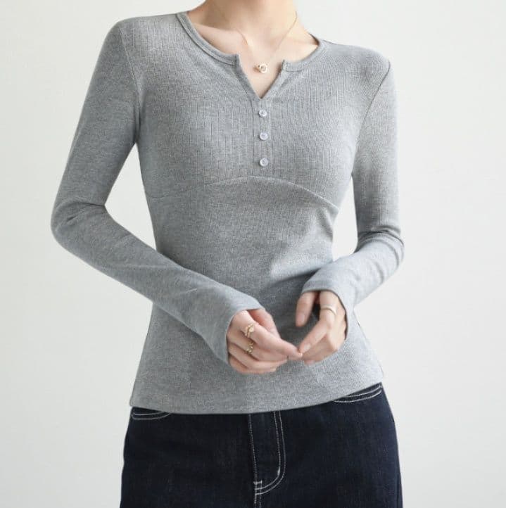 イエベ春服 ヘンリーネックリブ編み長袖Tシャツ