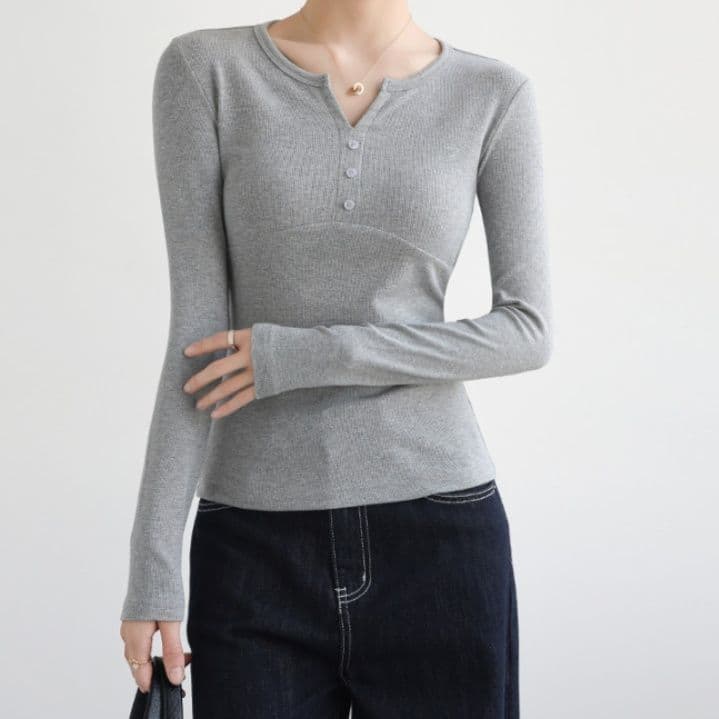 イエベ春服 ヘンリーネックリブ編み長袖Tシャツ