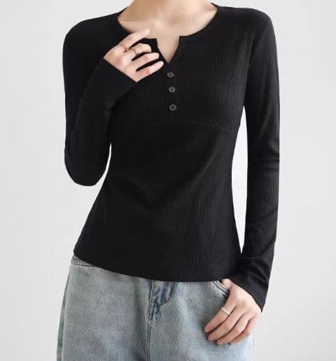 イエベ春服 ヘンリーネックリブ編み長袖Tシャツ