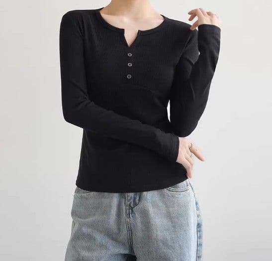 イエベ春服 ヘンリーネックリブ編み長袖Tシャツ