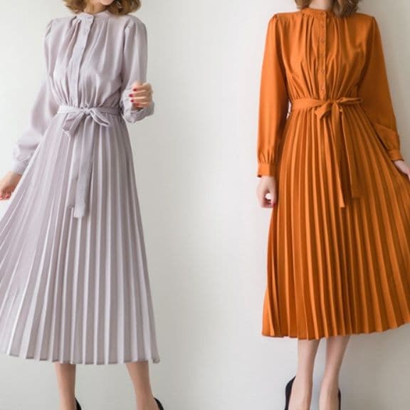 イエベ秋服 プリーツスカート長袖リボンベルト付きワンピース