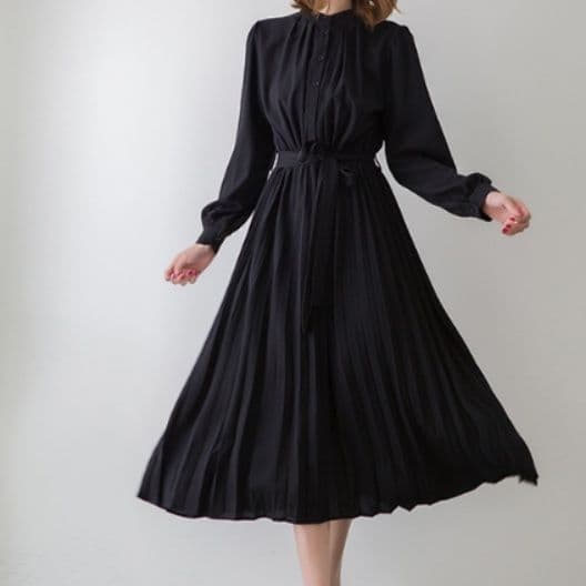 イエベ秋服 プリーツスカート長袖リボンベルト付きワンピース