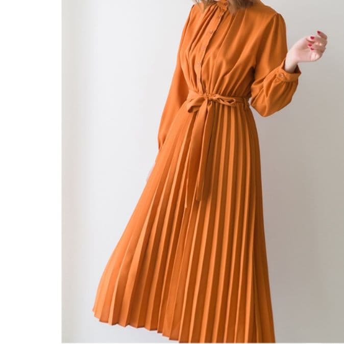 イエベ秋服 プリーツスカート長袖リボンベルト付きワンピース