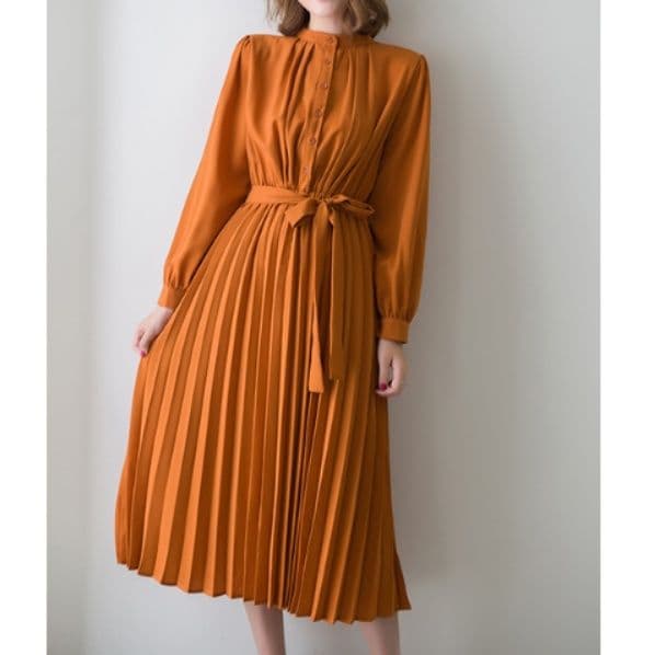 イエベ秋服 プリーツスカート長袖リボンベルト付きワンピース