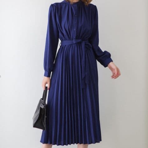 イエベ秋服 プリーツスカート長袖リボンベルト付きワンピース