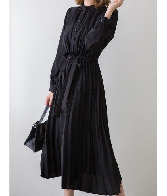 イエベ秋服 プリーツスカート長袖リボンベルト付きワンピース