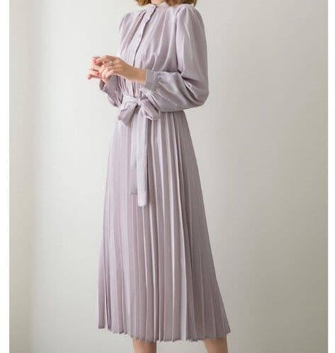 イエベ秋服 プリーツスカート長袖リボンベルト付きワンピース