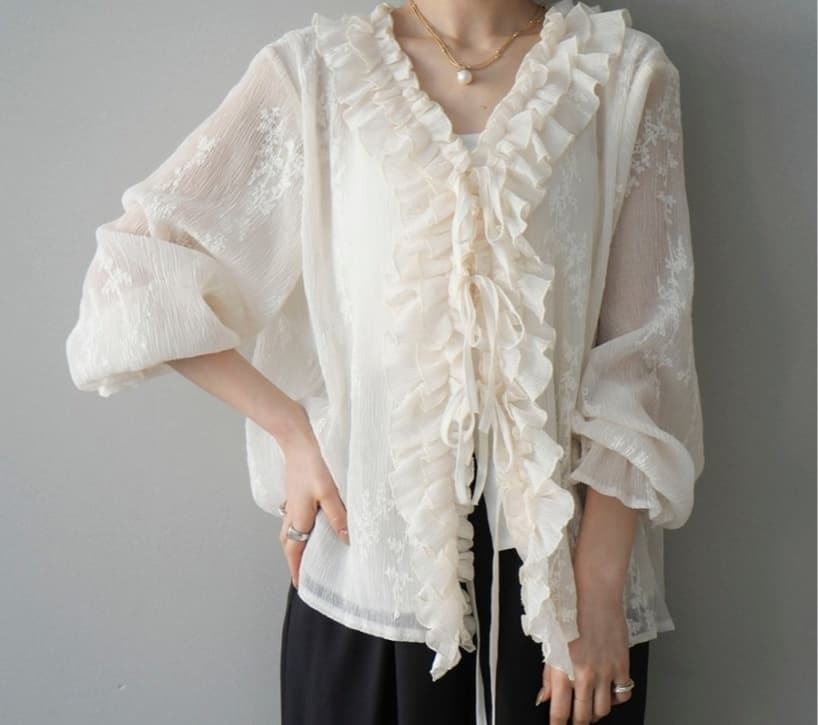 イエベ春/イエベ秋服 フリル襟リボン付き透かし編みニットカーディガン