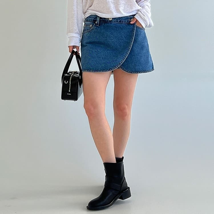 イエベ春/イエベ秋服 裾ラウンドカットデニムミニスカート