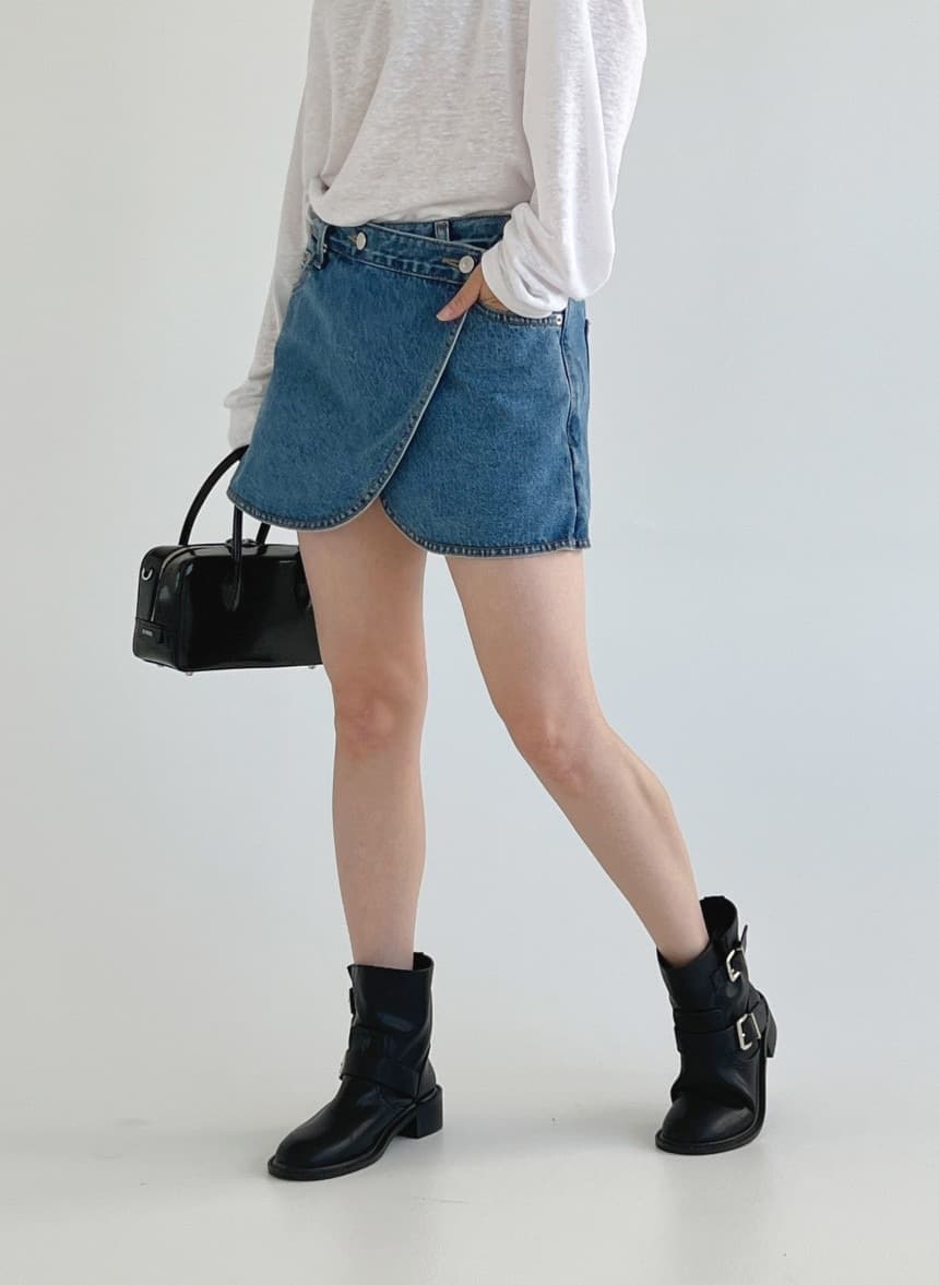 イエベ春/イエベ秋服 裾ラウンドカットデニムミニスカート