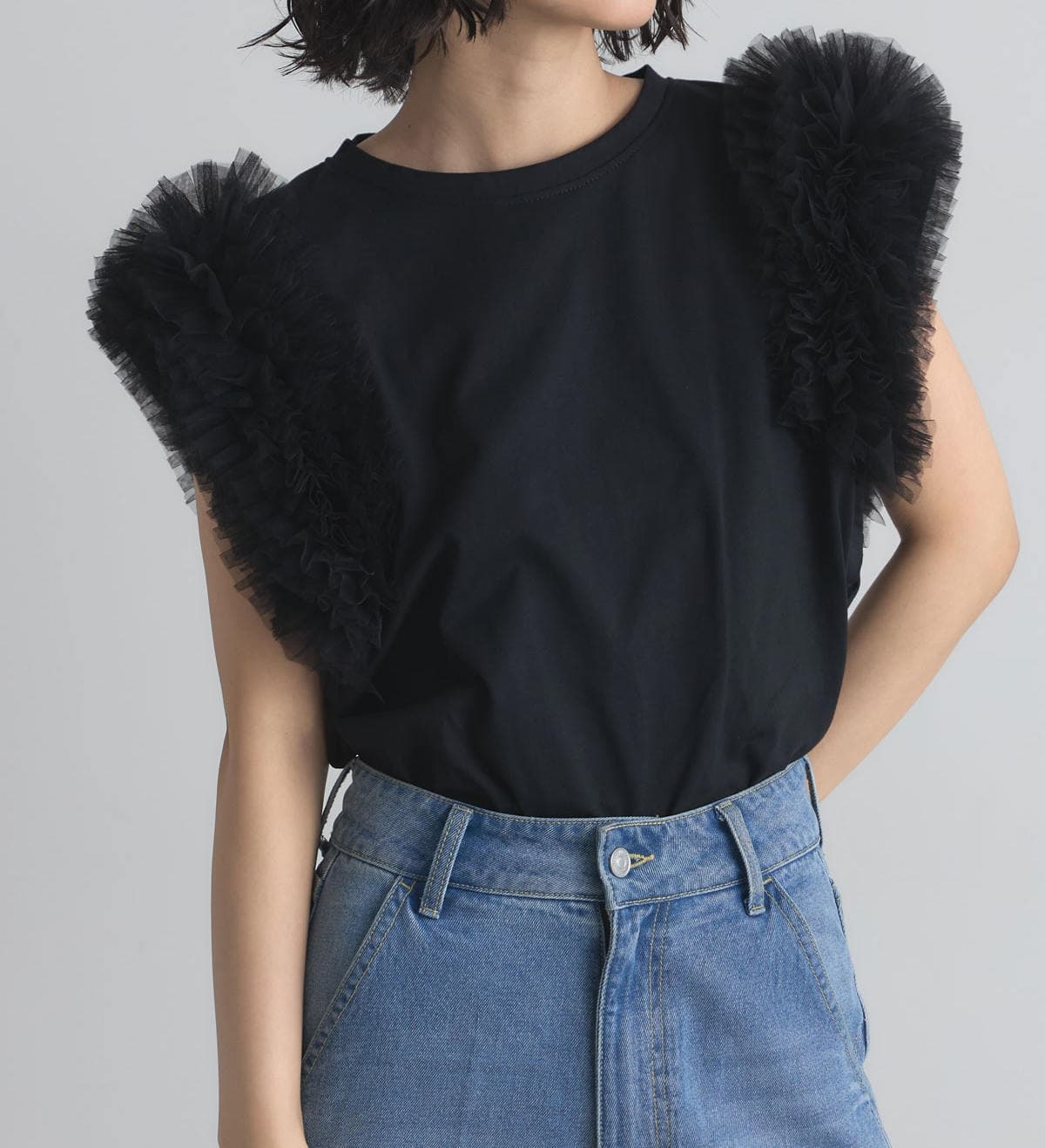 イエベ春服 切り替え フライスリーブ 半袖Tシャツ