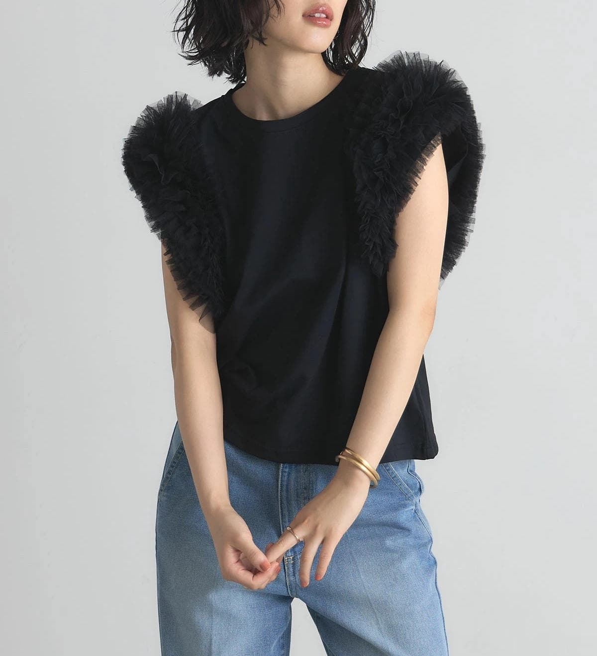 イエベ春服 切り替え フライスリーブ 半袖Tシャツ
