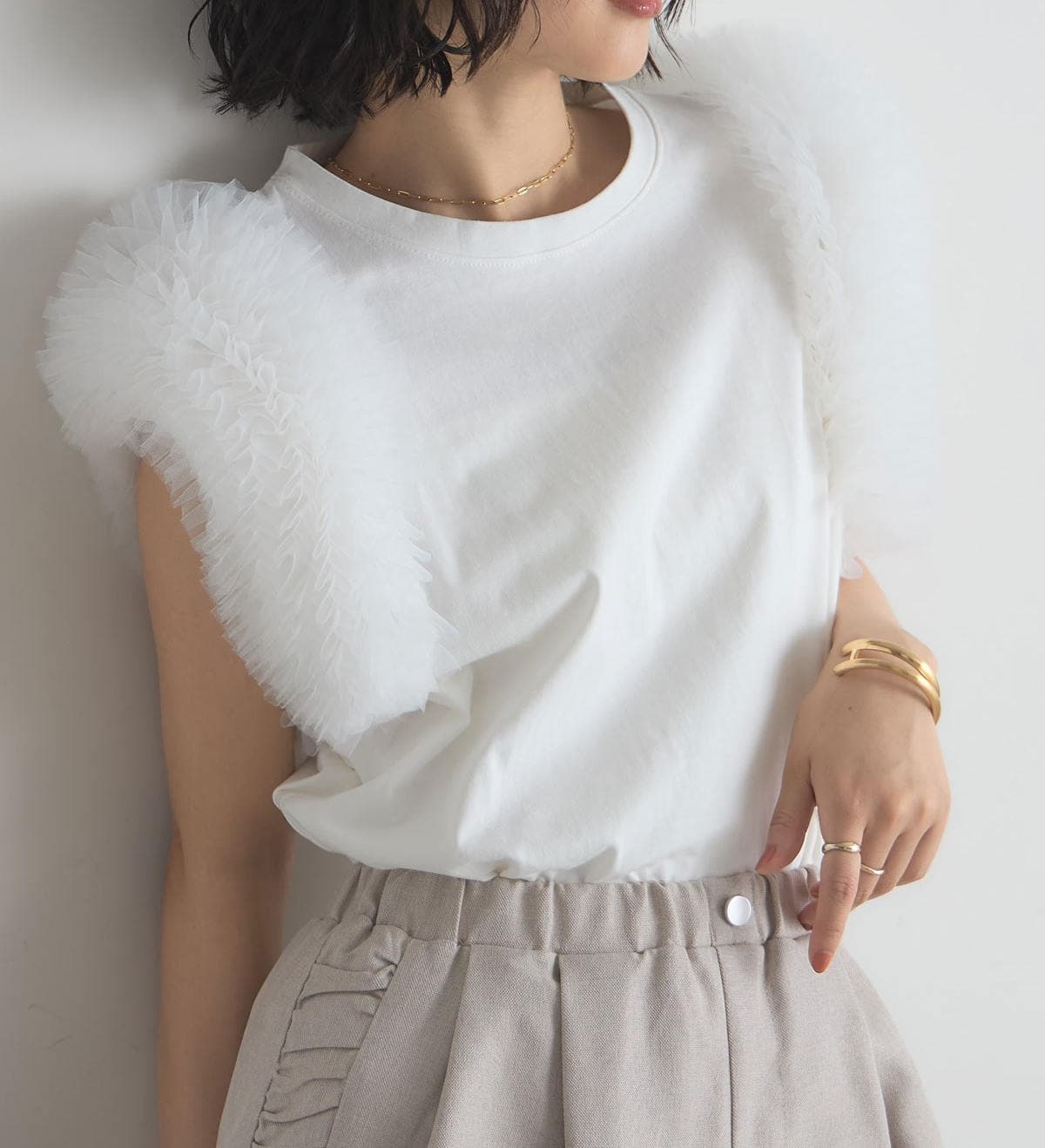 イエベ春服 切り替え フライスリーブ 半袖Tシャツ