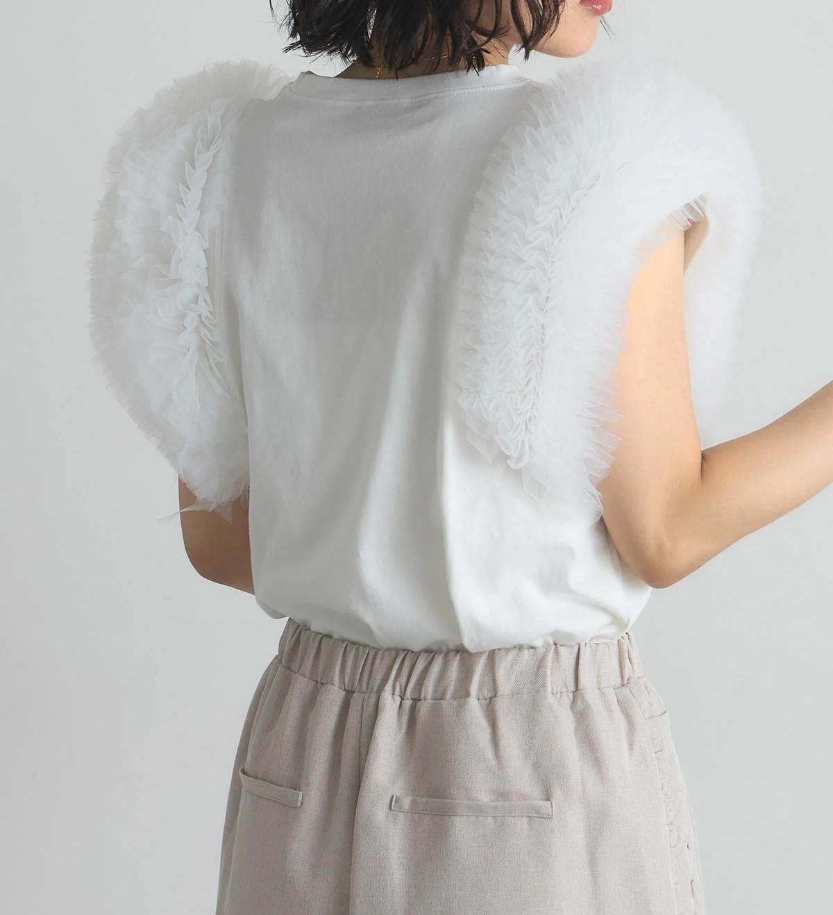 イエベ春服 切り替え フライスリーブ 半袖Tシャツ