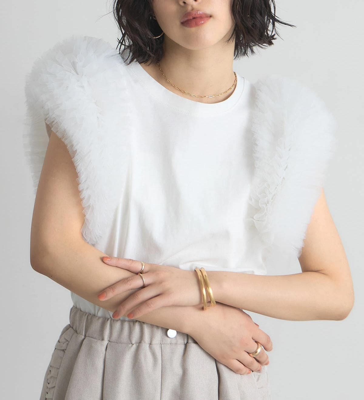 イエベ春服 切り替え フライスリーブ 半袖Tシャツ