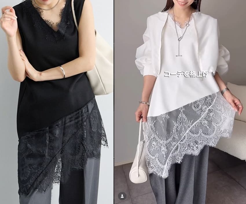イエベ春/イエベ秋服 アシンメトリー レース飾り 半袖Tシャツ
