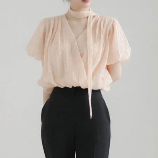 イエベ春服 シフォン素材 韓国風 半袖ブラウス