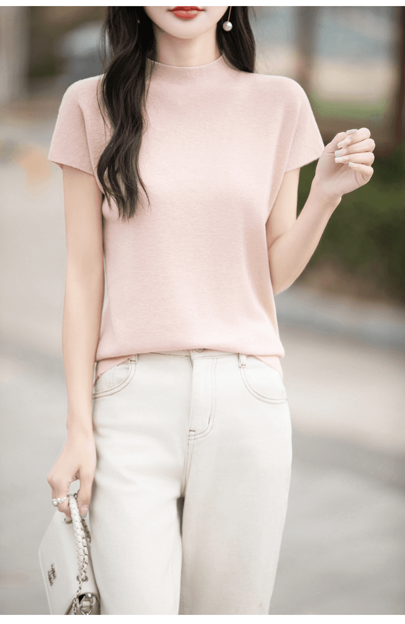イエベ春/イエベ秋服 細見えニット上品モックネックブラウス