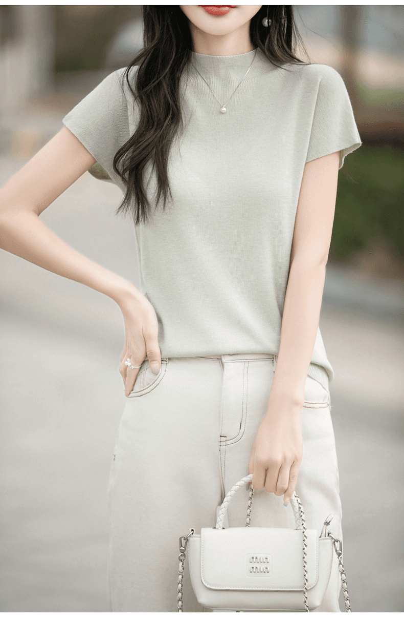イエベ春/イエベ秋服 細見えニット上品モックネックブラウス