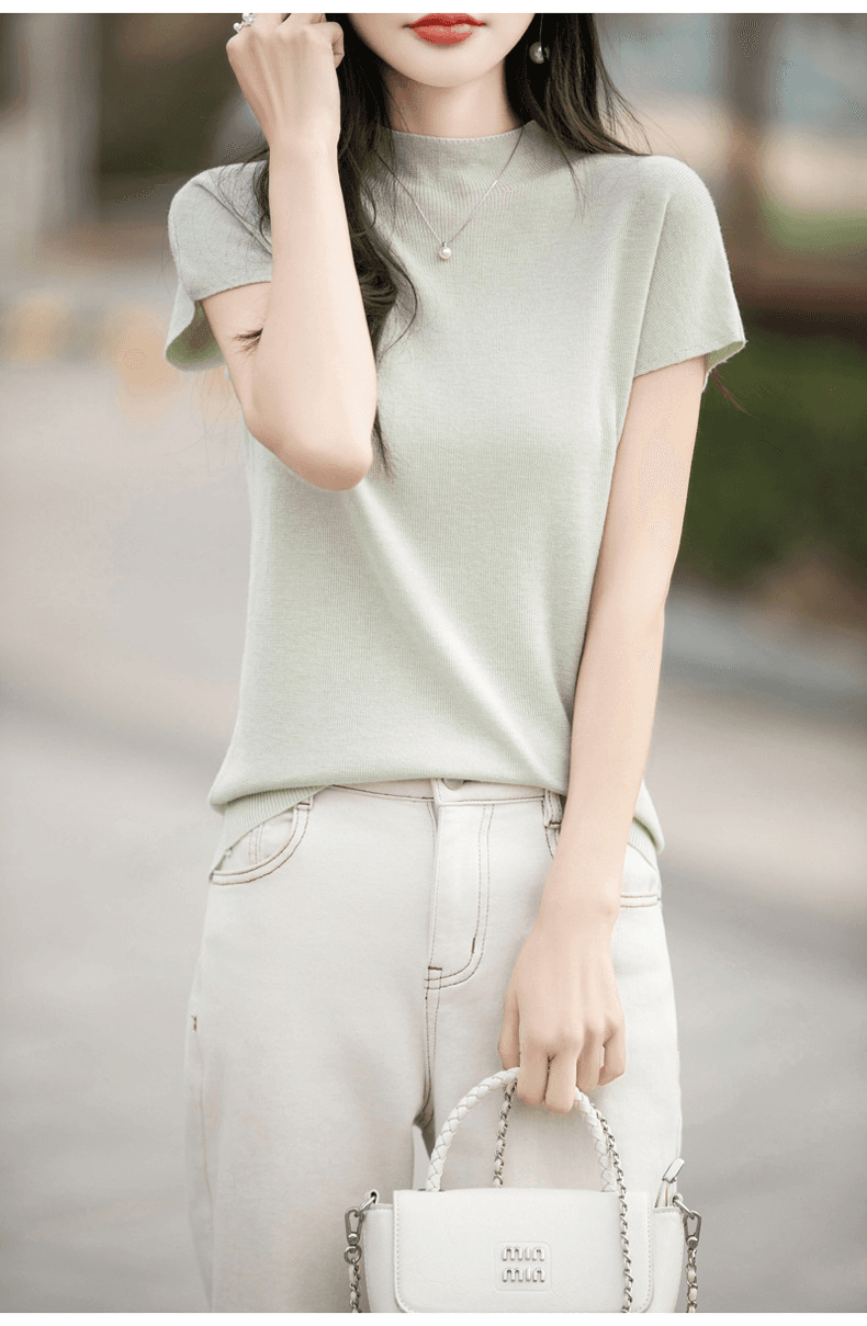 イエベ春/イエベ秋服 細見えニット上品モックネックブラウス