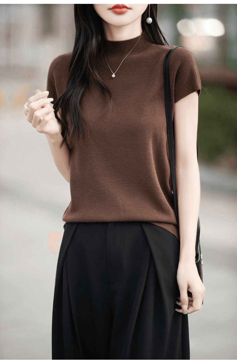 イエベ春/イエベ秋服 細見えニット上品モックネックブラウス