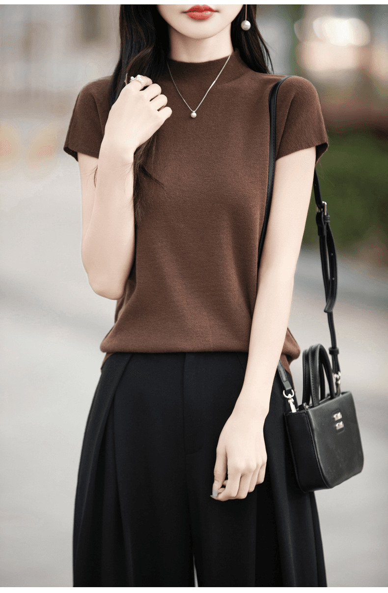 イエベ春/イエベ秋服 細見えニット上品モックネックブラウス