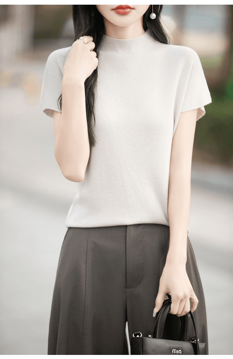 イエベ春/イエベ秋服 細見えニット上品モックネックブラウス