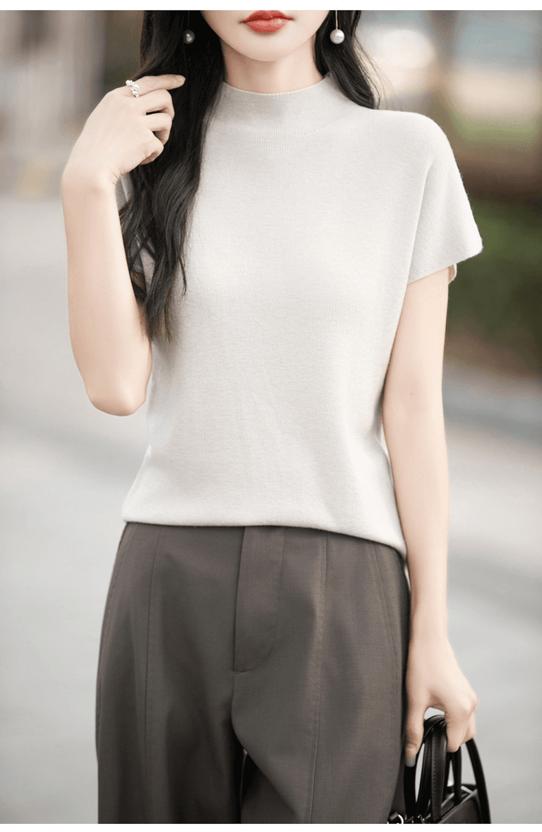 イエベ春/イエベ秋服 細見えニット上品モックネックブラウス