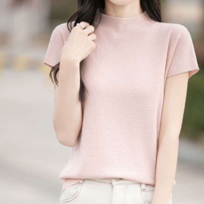 イエベ春/イエベ秋服 細見えニット上品モックネックブラウス