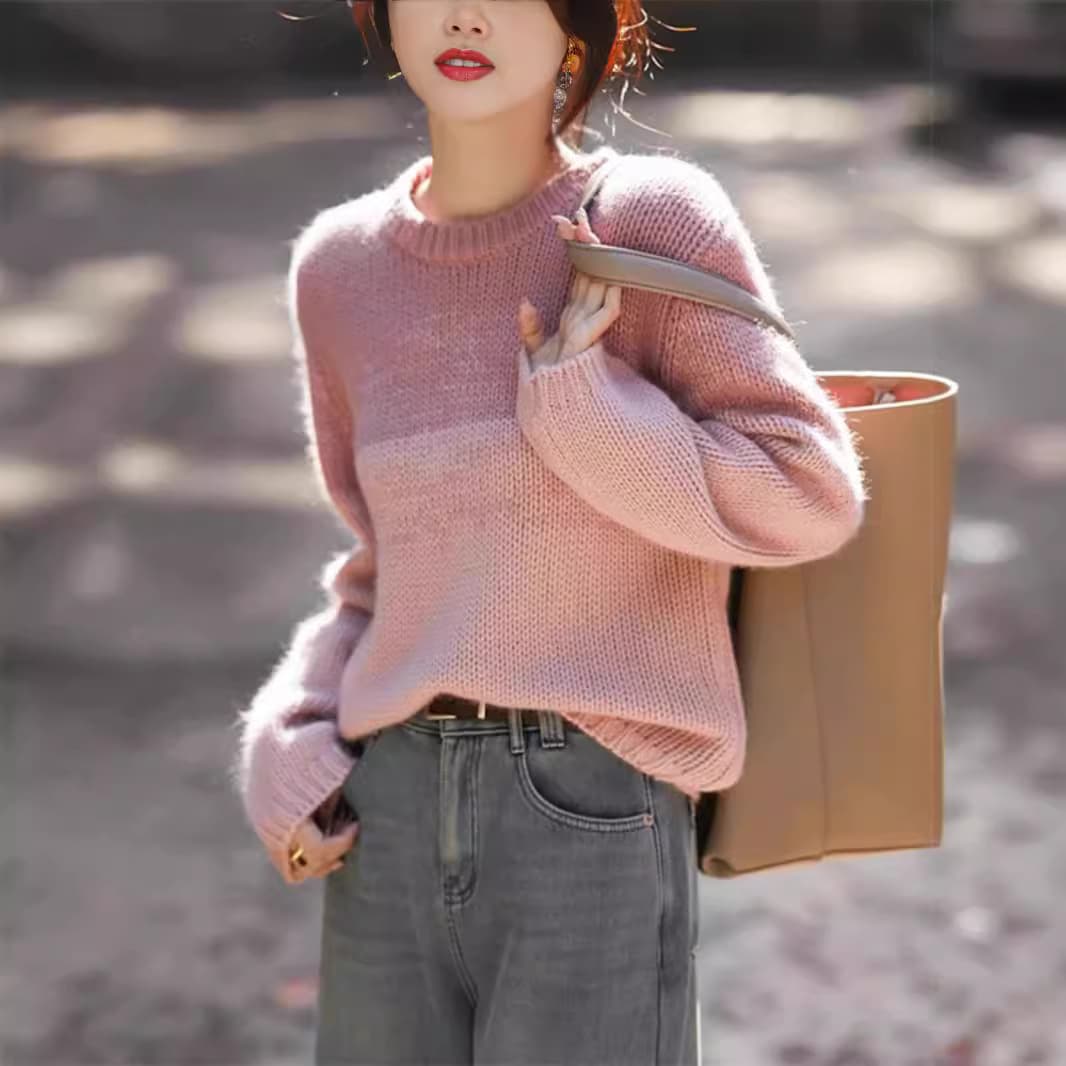イエベ春/イエベ秋服 上品なボーダー柄丸首長袖ニットプルオーバー