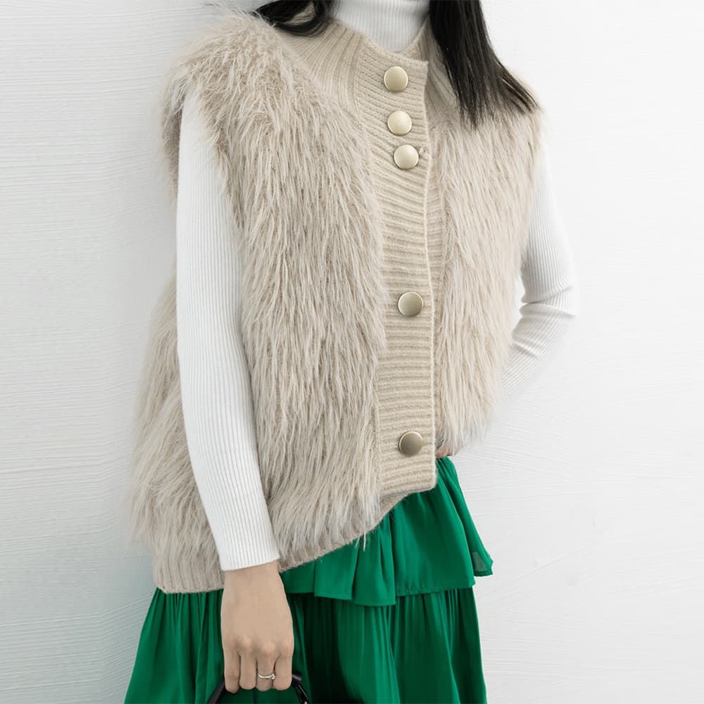 イエベ春/イエベ秋服 異素材切り替えファーベスト ニットジレ ジャケット
