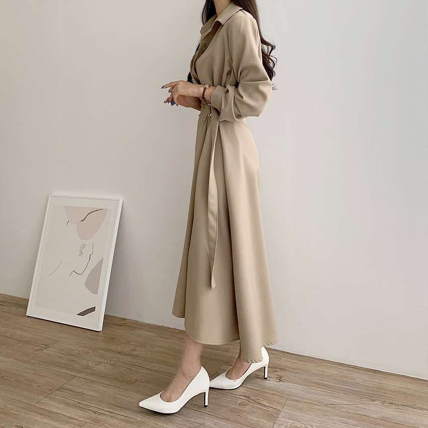 イエベ春/イエベ秋服 上品シルエット ベルテッドシャツワンピース
