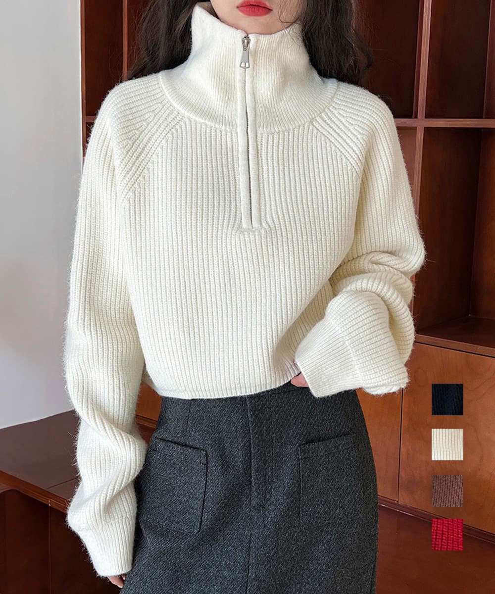 イエベ春/イエベ秋服 ハーフファスナー ショート丈 ニット レディース