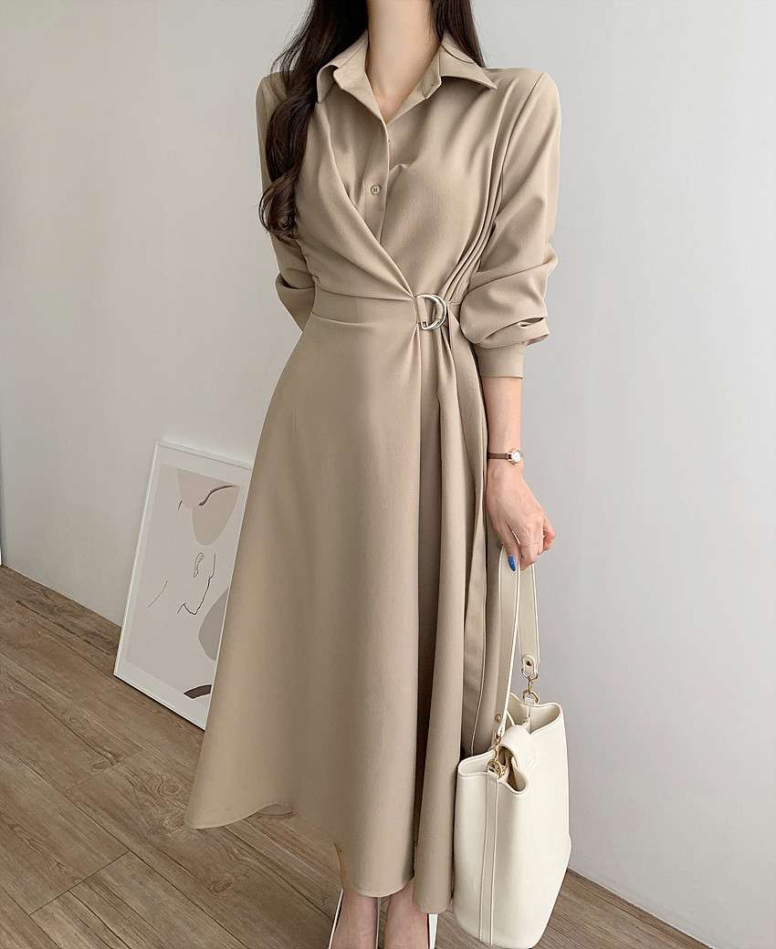 イエベ春/イエベ秋服 上品シルエット ベルテッドシャツワンピース
