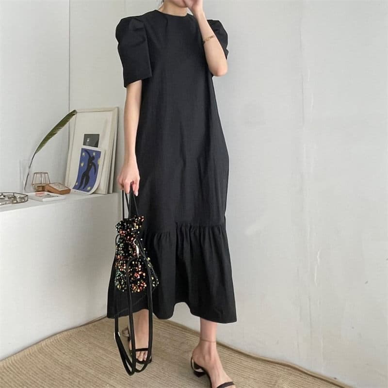 イエベ春服 パフスリーブティアードワンピース