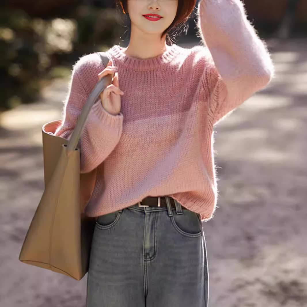 イエベ春/イエベ秋服 上品なボーダー柄丸首長袖ニットプルオーバー