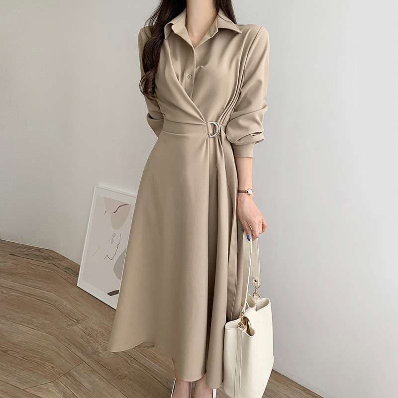 イエベ春/イエベ秋服 上品シルエット ベルテッドシャツワンピース