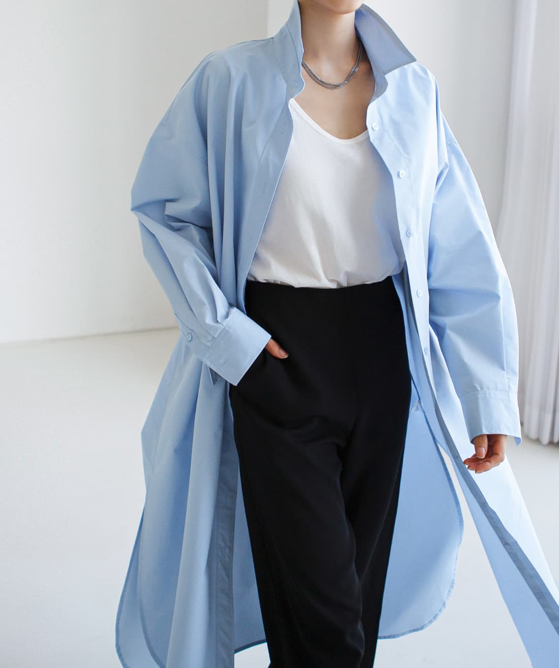 イエベ春服 洗練ゆったりマキシシャツワンピース